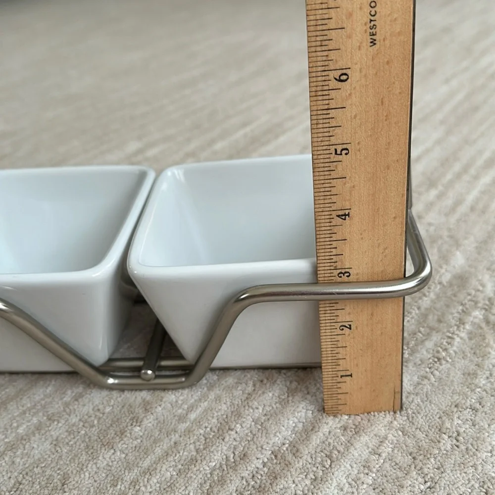 PAMPERED CHEF Simple Additions Brushed Silver Caddy w/ 2 Square White Bowls